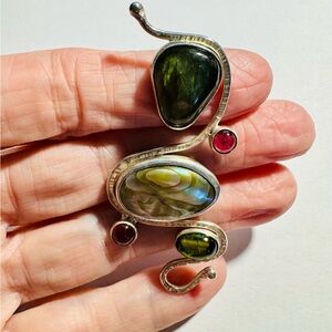 Vintage Artisan Handcrafted Abalone, Labradorite, Tourmaline & Garnet Pendant